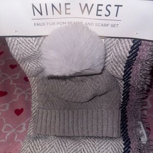 Nine West Gray and Purple Beanie and Scarf Set